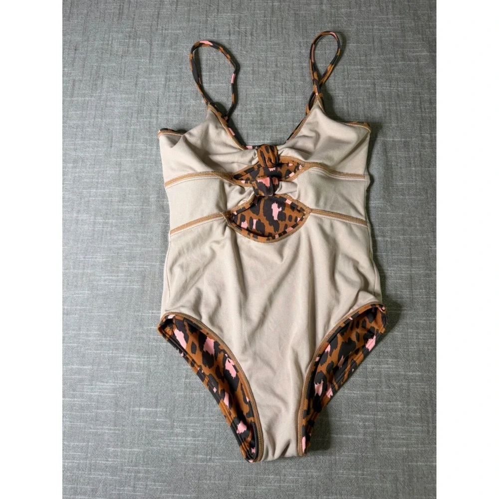 Art Class Girls Leopard‎ Print One Piece Swimsuit Cutout Tie Brown Pink L 10/12
